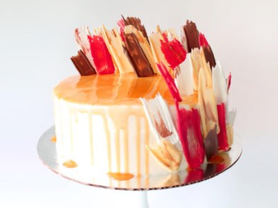 Fall Brushstroke Cake in Red, White, Orange and Brown with Caramel Drip