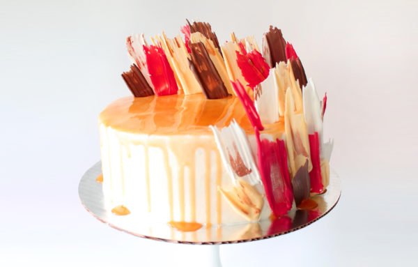 Fall Brushstroke Cake in Red, White, Orange and Brown with Caramel Drip