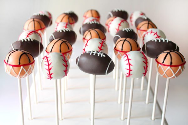 Cute Sports Themed Cake Pops for birthday parties including Football Cake Pops, Basketball Cake Pops, Baseball Cake Pops