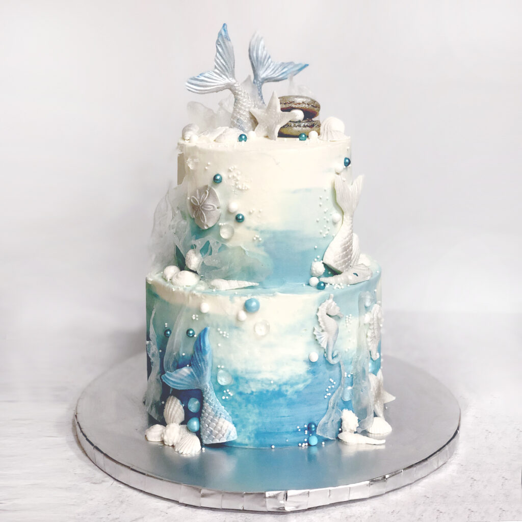 Blue and White Mermaid Birthday Cake